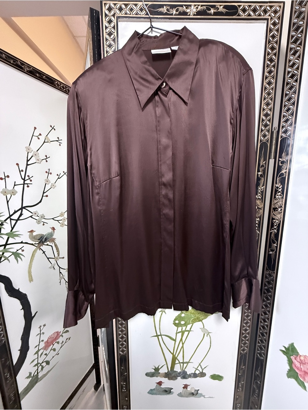 VINTAGE Liz Claiborne Chocolate Brown Satin Button-Down Shirt